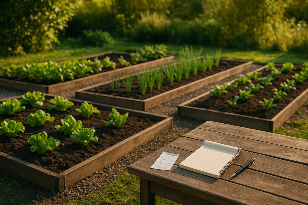 Überschaubarer Gemüsegarten mit wenigen Beeten, daneben Tisch mit Kassenbon und Notizblock für eine ehrliche Kostenschätzung