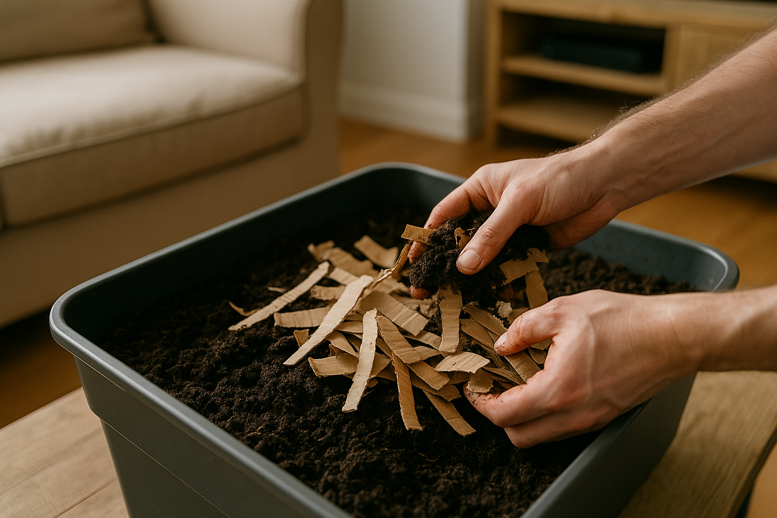 Zerrissene Pappe wird in zu feuchte Wurmkiste eingearbeitet, um Geruch zu mindern - Dünger selber machen