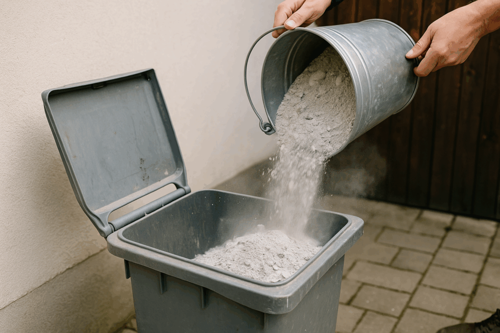 Holzasche wird aus einem Eimer in eine geöffnete graue Restmülltonne im Hof geschüttet, Staubwolke steigt leicht auf