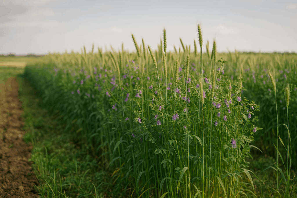 Herbstliche Gründüngung mit Winterroggen und Wicke als dichter Bestand vor dem Abmähen