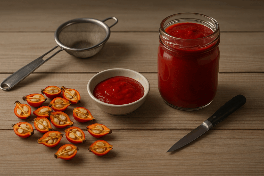 Entkernte Hagebutten und Glas mit rotem Mark auf Holztisch - Vitamin-C im Winter