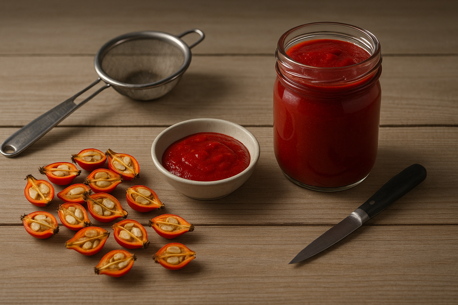 Entkernte Hagebutten und Glas mit rotem Mark auf Holztisch - Vitamin-C im Winter