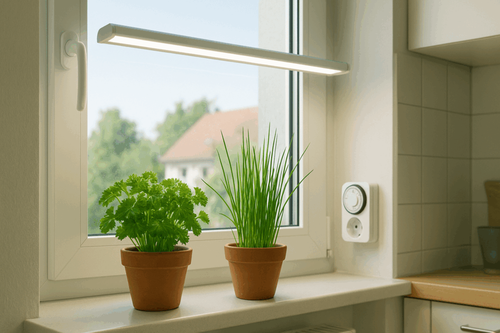 Fensterbank mit LED-Beleuchtung über Petersilie und Schnittlauch in Töpfen, daneben eine Zeitschaltuhr in der Küche
