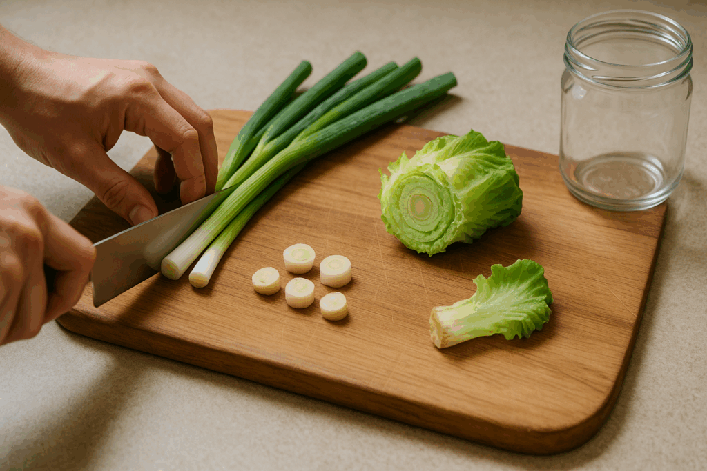 Küchenarbeitsplatte mit Brett, auf dem eine Hand Gemüsereste für ein Regrowing-Projekt zuschneidet