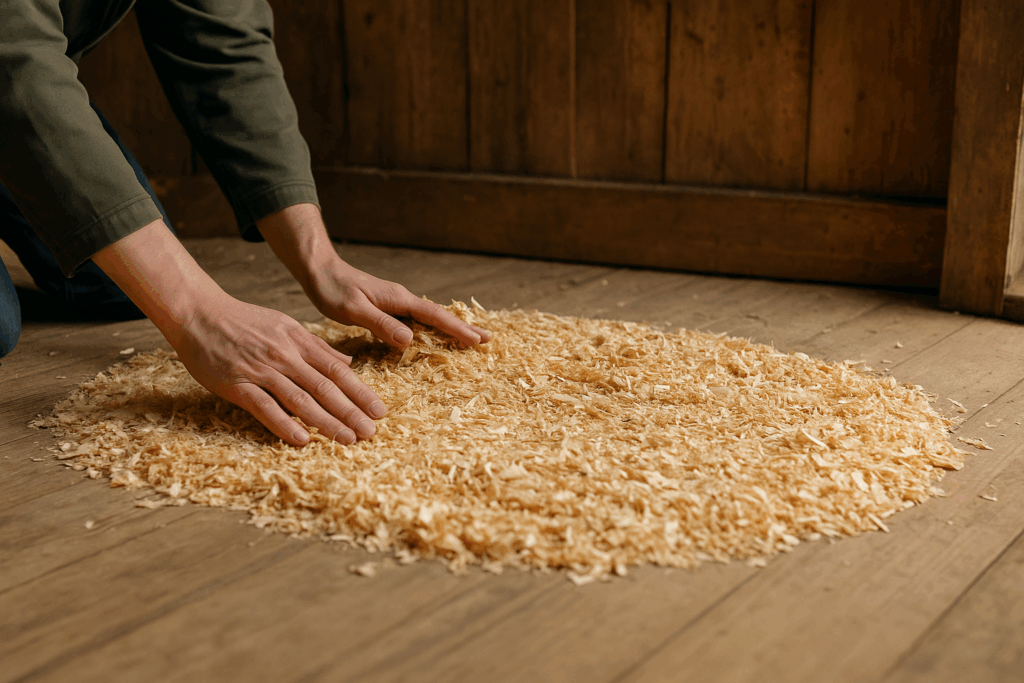 Hände verteilen ca. 20 cm Holzhackschnitzel als Startschicht in einem sauberen Holz-Hühnerstall