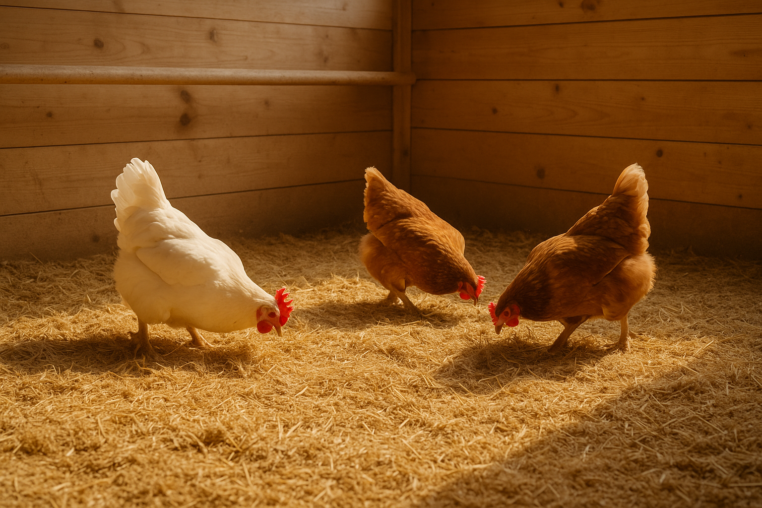 Weitwinkel: drei Hühner in dicker, trockener Tiefstreu; sauberer Stall, warmes Licht - Tiefstreu im Hühnerstall