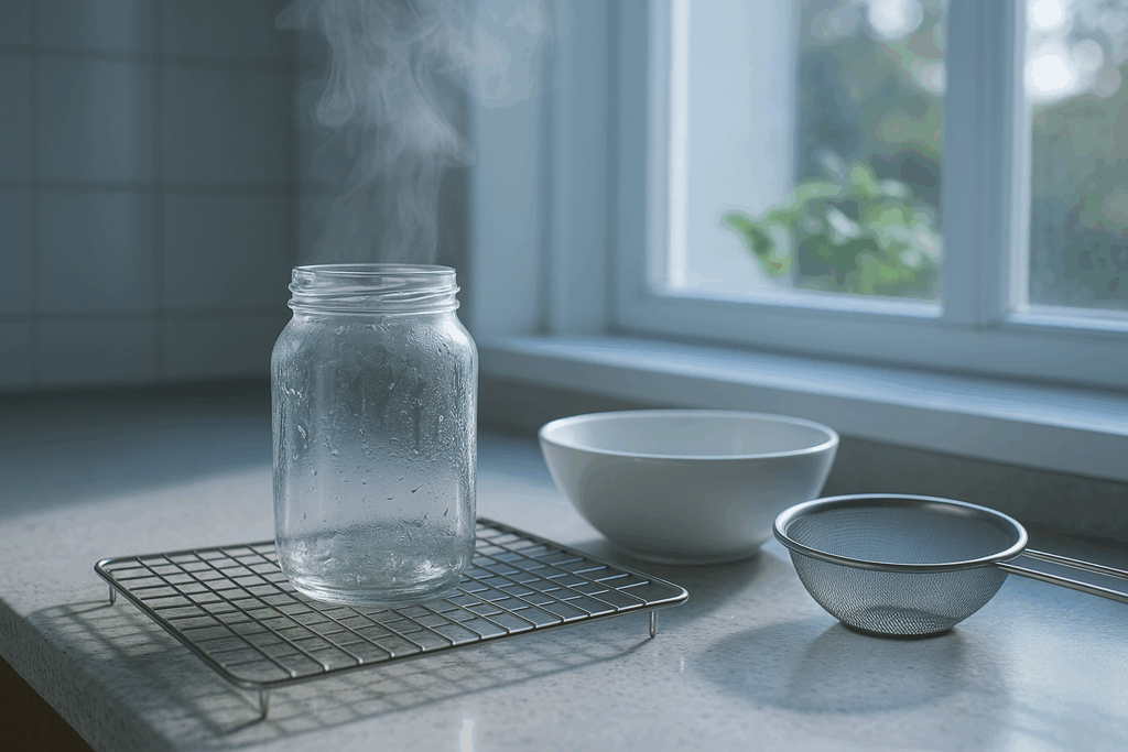 Frisch sterilisiertes Sprossenglas trocknet auf dem Gitter neben sauberem Zubehör