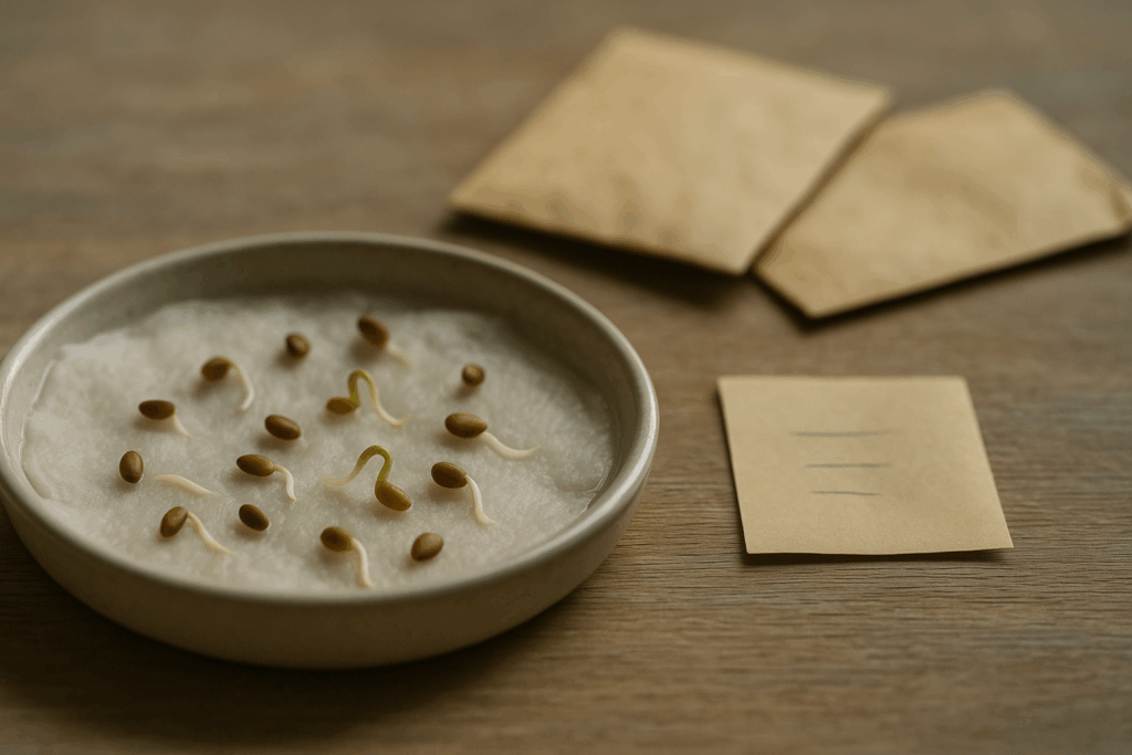 Frisch gekeimte Samen auf feuchtem Papier, alte Saatgut-Umschläge unscharf im Hintergrund