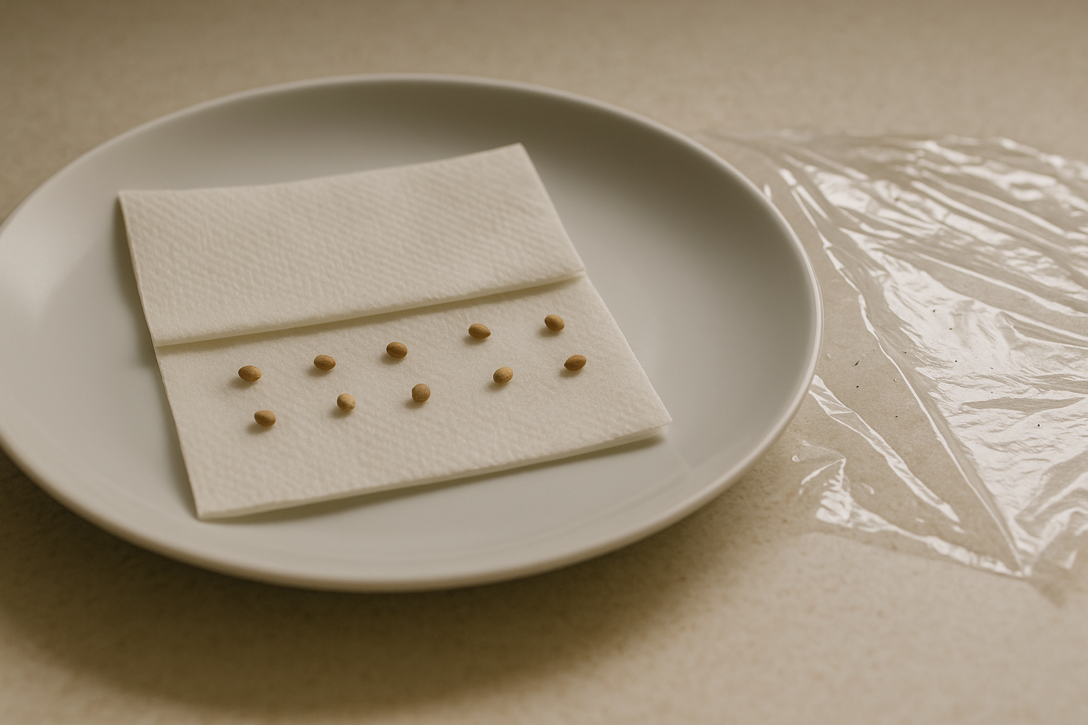 Teller mit feuchtem Küchenpapier und zehn Samen als Start einer Keimprobe, Folie mit Luftlöchern liegt bereit - Keimprobe