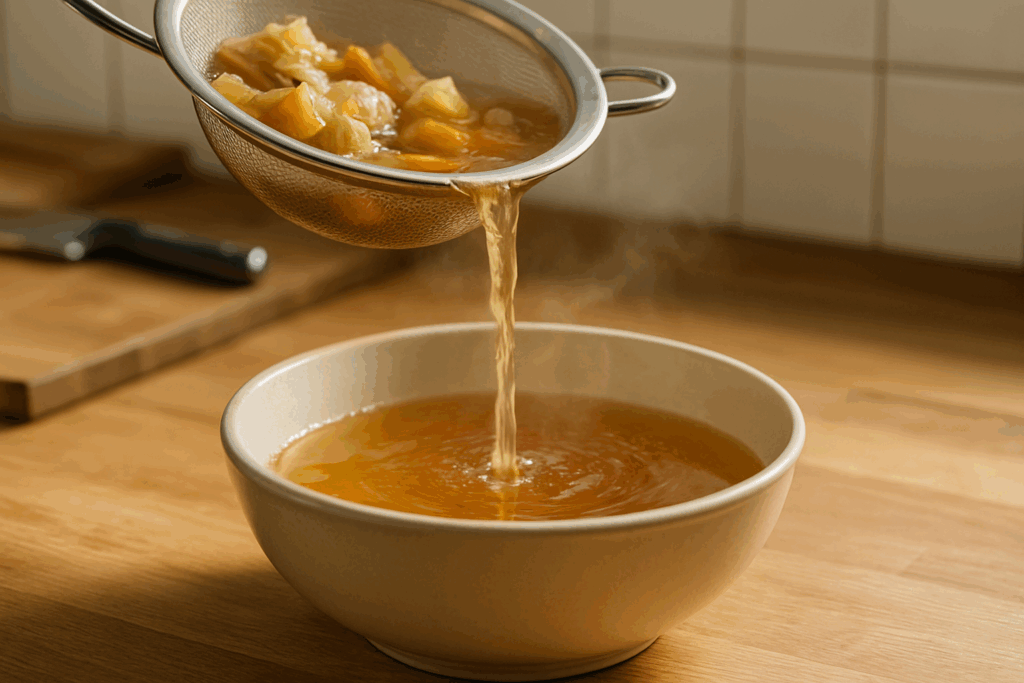 Goldene Brühe wird durch ein feines Sieb in eine Schüssel abgegossen