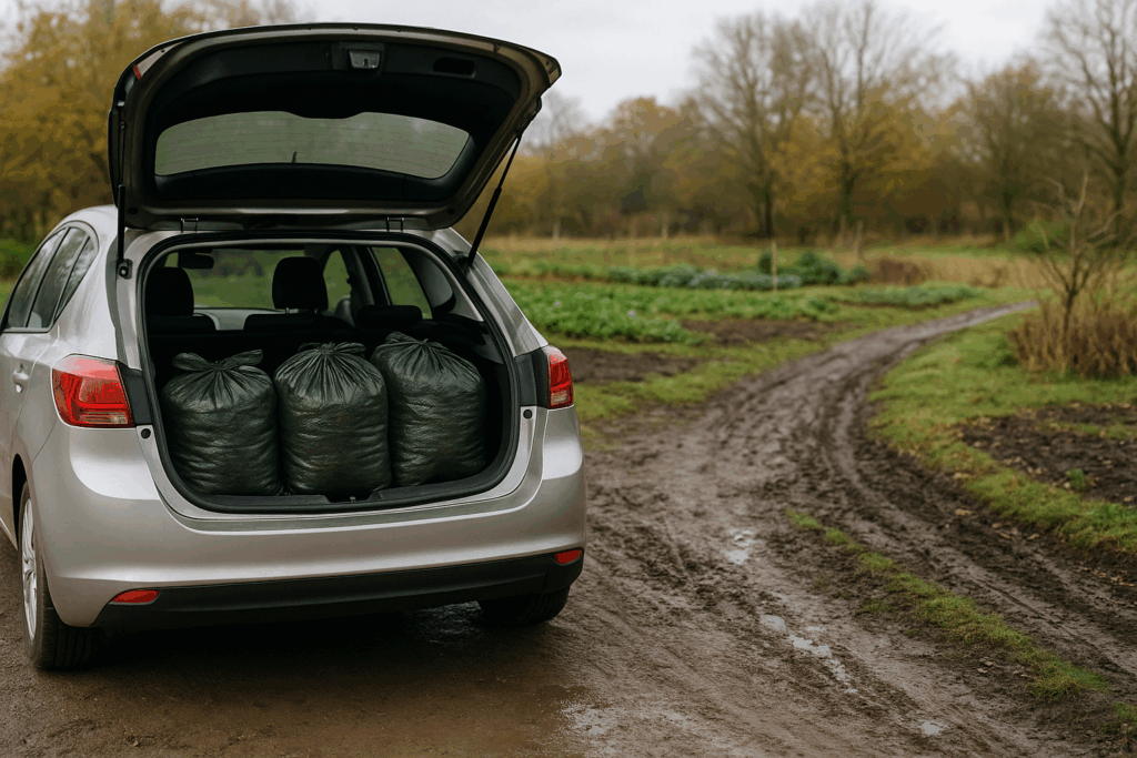 Blick auf Auto mit Laubsäcken im Kofferraum vor matschigem Gartenweg, Symbol für Gartenabfälle als mögliches Wegmaterial