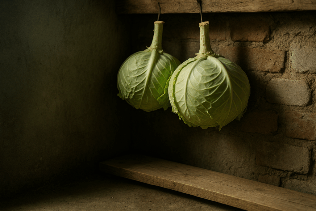 Kopfüber aufgehängter Weißkohl am Strunk in einer kühlen, leicht feuchten Kellerecke