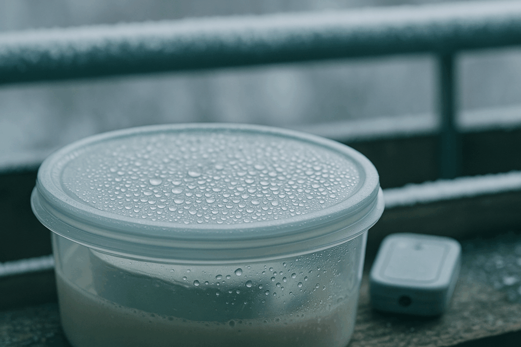 Kondensperlen auf Verpackung mit Reif im Hintergrund