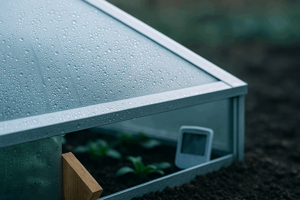 Frühbeet-Haube mit Kondenswasser, Spaltlüftung per Holzkeil, Negativraum rechts