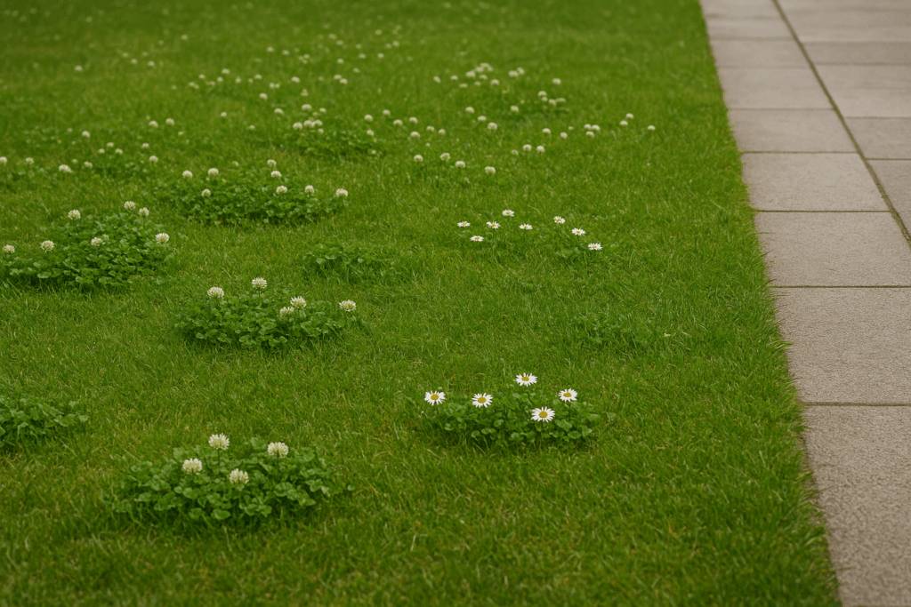 Kräuterrasen mit Klee und Gänseblümchen, klare Kante zum Weg, natürliche Ordnung