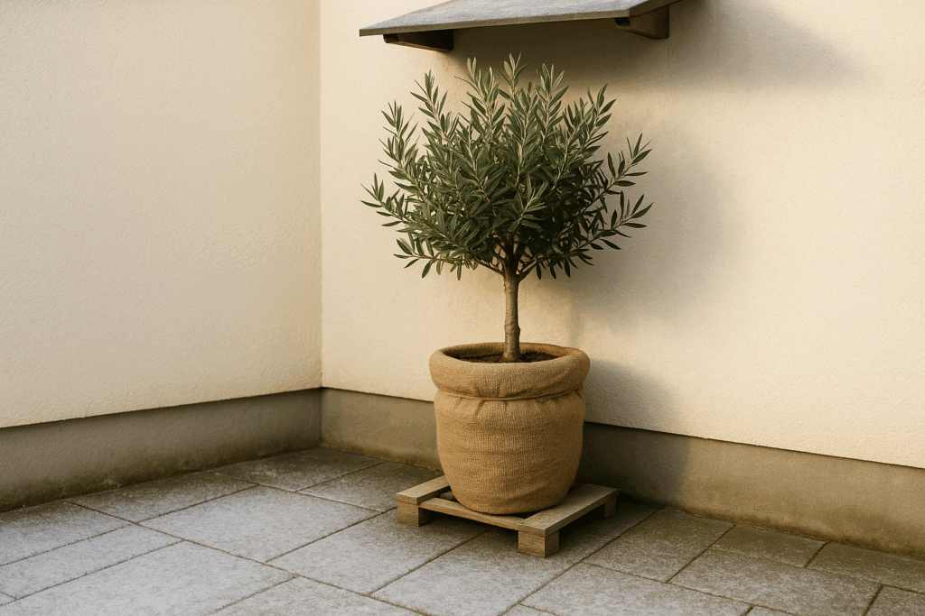 Kübelpflanze unter Überstand an Südwand, Topf auf Leisten gegen Bodenkälte, trocken trotz Winterregen