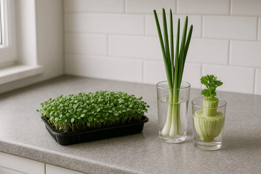 Microgreens in einer flachen Schale und im Wasser nachwachsende Frühlingszwiebeln und Sellerie auf einer hellen Küchenarbeitsplatte