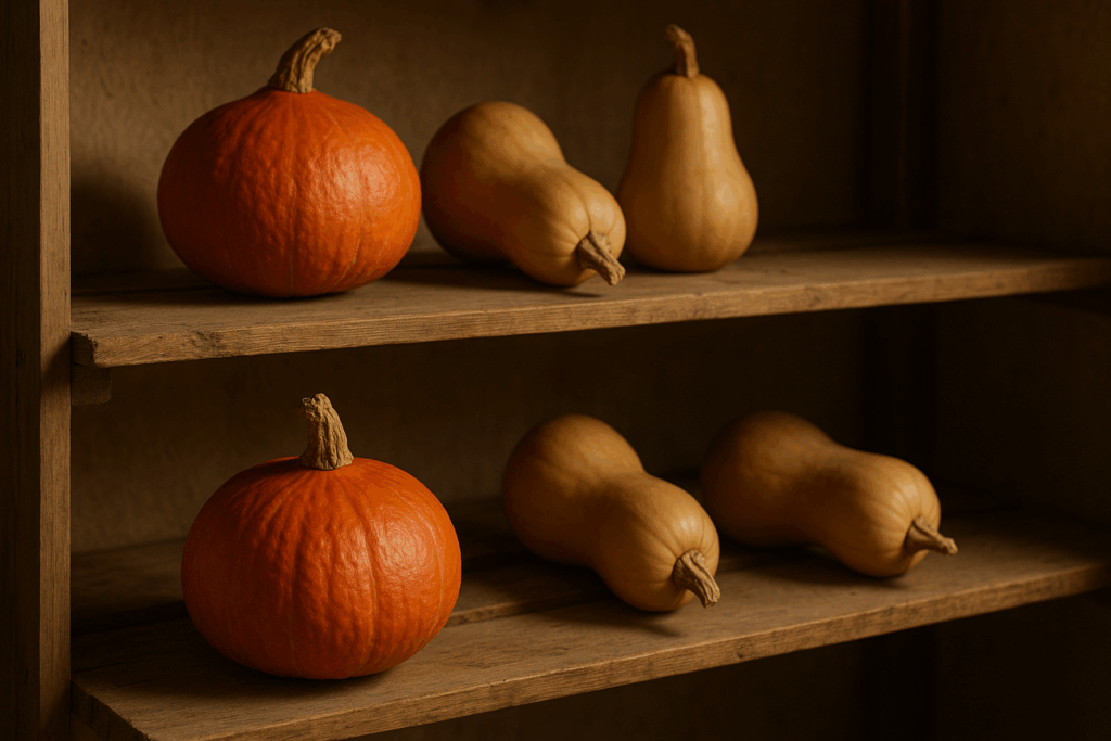 Einzelne Winterkürbisse mit Abstand auf Holzlatten für trockene, luftige Lagerung