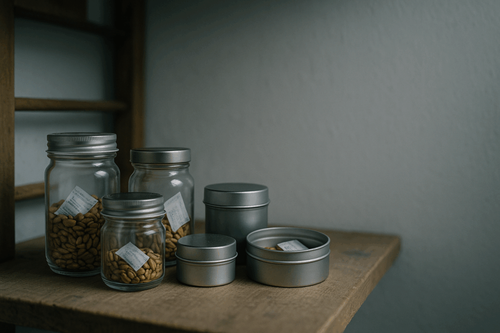 Geschlossene Gläser und Dosen mit Saatgut und Trockenmittel auf einem kühlen Regal