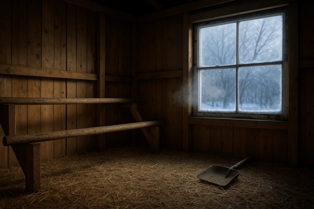 Leerer, kalter Hühnerstall mit leichtem Reif und sichtbarem Atem in der Luft