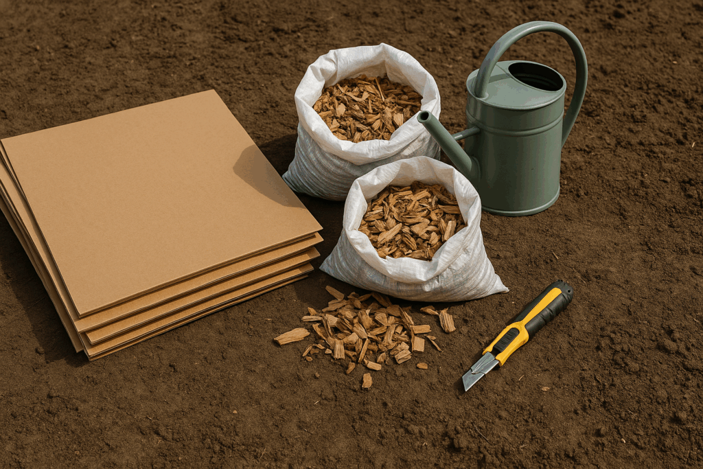 Kartons und Holzchips als Set-up für einen plastikfreien Gartenweg