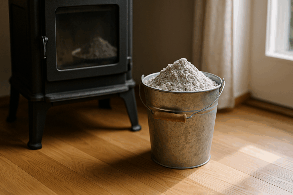 Metalleimer mit Holzasche neben Kaminofen in hellem Wohnraum, Symbol für vermeintlich kostenlosen Dünger aus dem Ofen