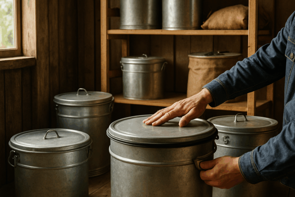 Hand schließt den Deckel einer Metalltonne mit Dichtung in einem aufgeräumten Schuppen