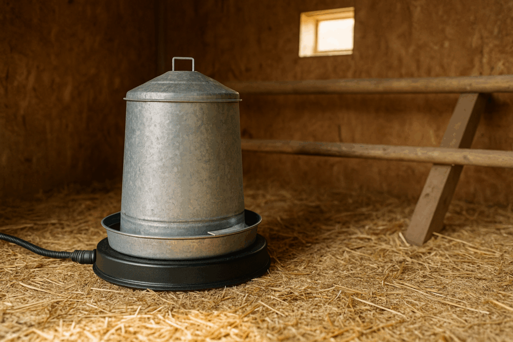 Frostsichere Hühnertränke auf Heizplatte mit sicher verlegtem Kabel im Stall