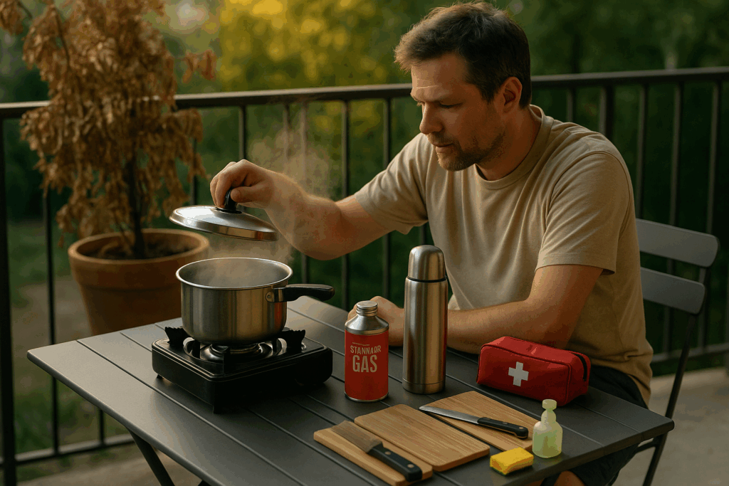 Minimal-Set zum kochen ohne Küche liegt übersichtlich auf einem Tisch mit Kocher, Topf, Thermoskanne, Reinigungsmitteln und Sicherheitsausrüstung
