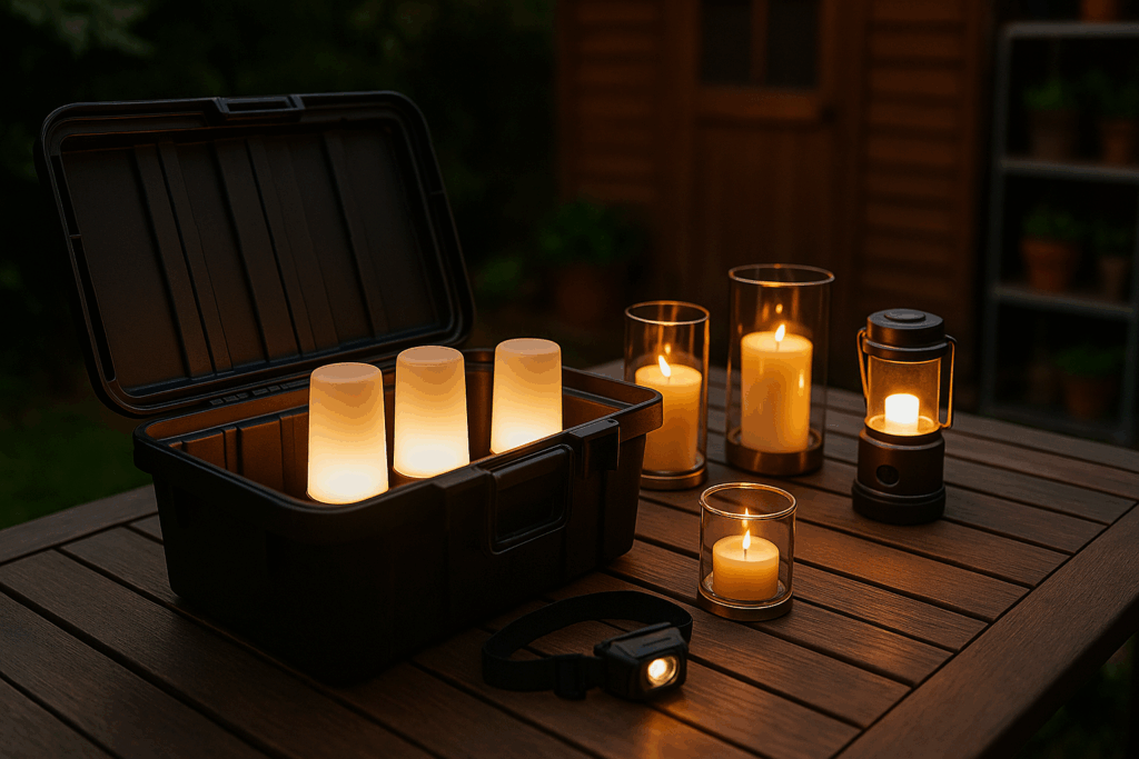 Transportbox im Gartenhaus mit Akkuleuchten, Stirnlampe, Kerzen und Campinglampe als vorbereitete Notbeleuchtung