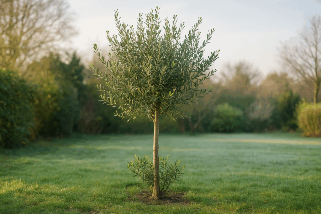 Olive nach dem Winter im Halbschatten mit frischen Trieben, Schutz entfernt, sanftes Frühlingslicht - ohne Winterzelt