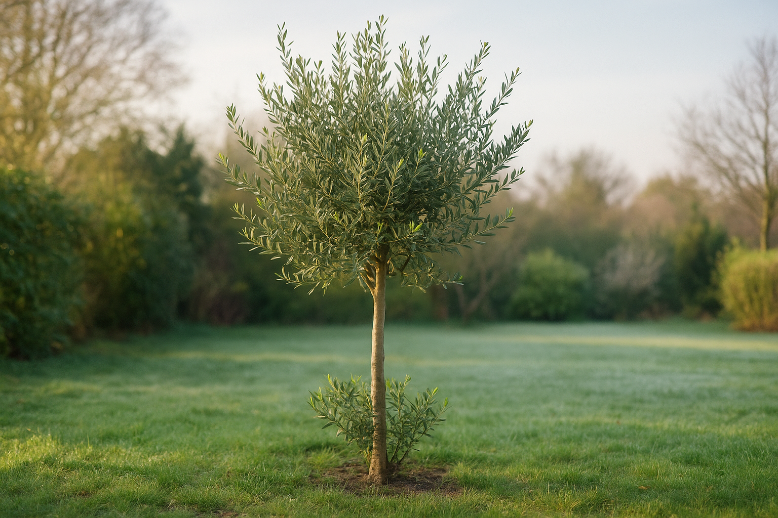 Olive nach dem Winter im Halbschatten mit frischen Trieben, Schutz entfernt, sanftes Frühlingslicht - ohne Winterzelt