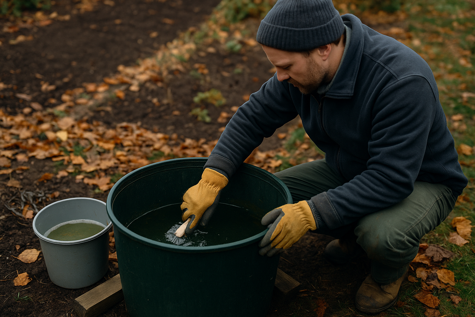 Person reinigt eine entleerte Regentonne mit Bürste und Essigwasser im herbstlichen Garten - Regentonne reinigen