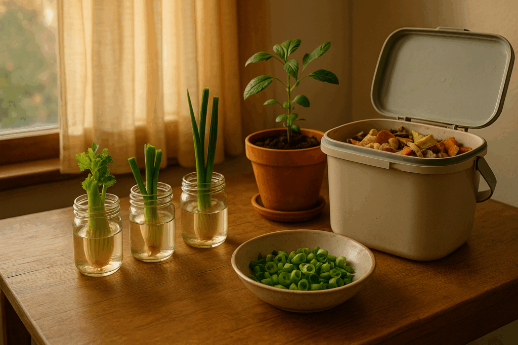 Tischszene mit Regrowing-Gläsern, Komposteimer, Topf und Schale mit Zwiebelgrün als Bild für den vollständigen Lebensmittelkreislauf