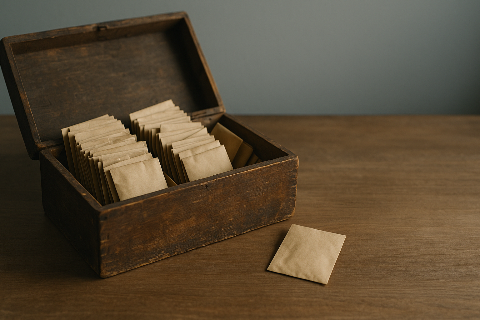 Offene Saatgut-Kiste mit vielen alten Umschlägen auf Holztisch, unsortiert, kühles Tageslicht - Saatgut planen