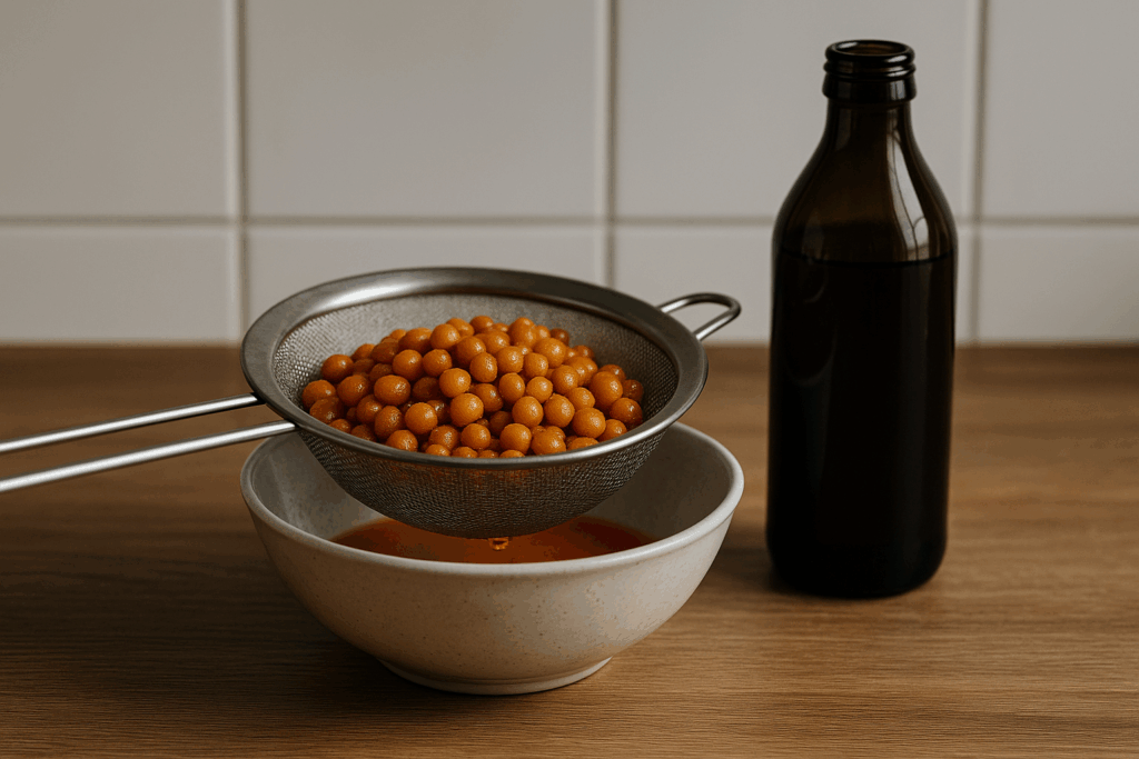 Sanddornbeeren im Sieb, erster Saft über Schüssel, Flasche daneben