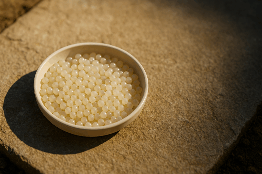 Flacher Behälter mit Schneckeneiern auf heller Steinplatte in der Sonne zum Austrocknen, ohne Hände