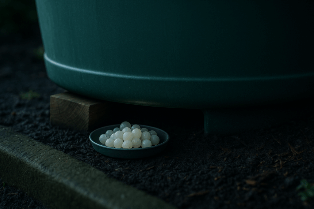 Schneckeneier unter einer angehobenen Regentonne auf feuchter Erde, milchig-weiße Kügelchen in kleinen Nestern