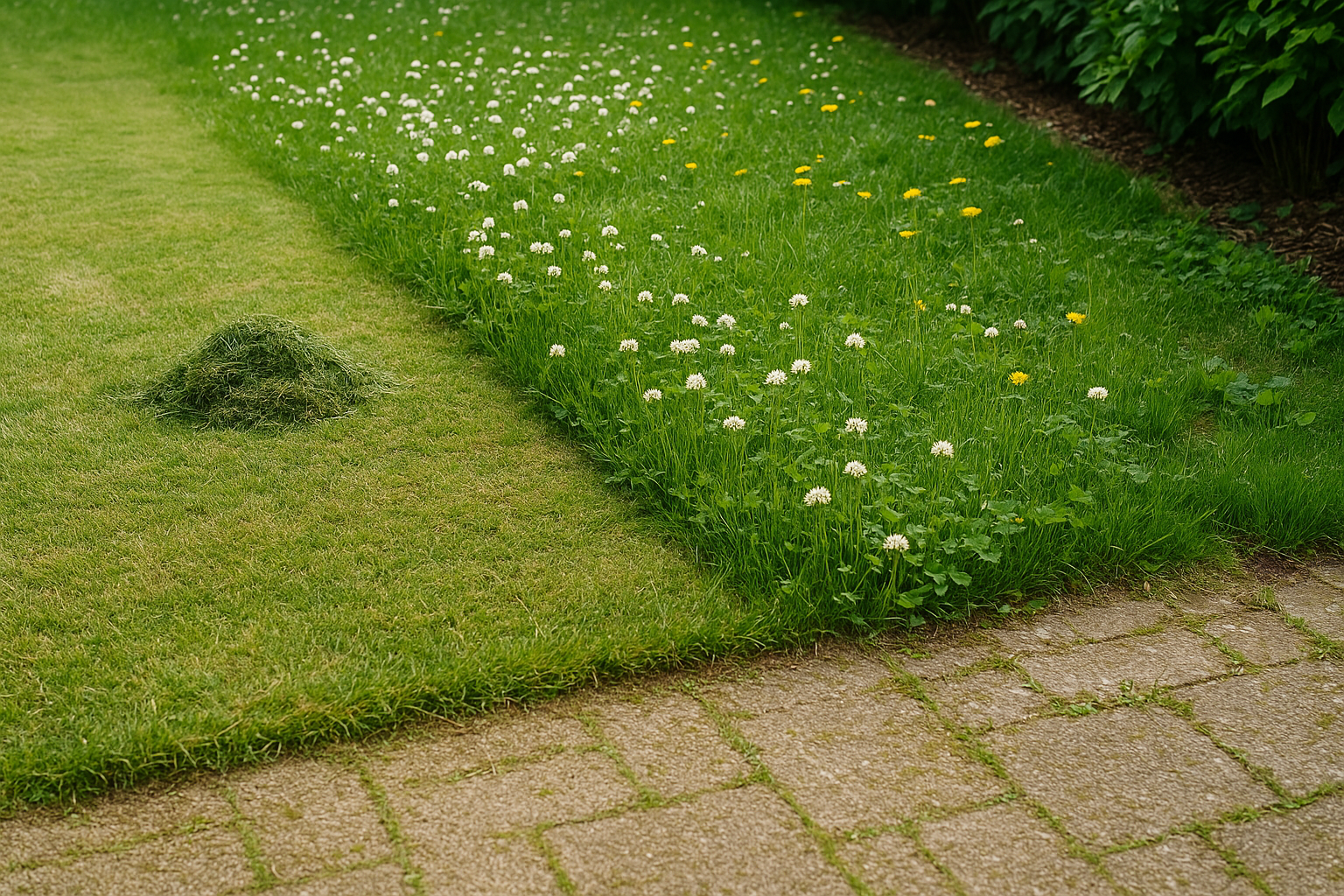 klarer Trennlinie zwischen frisch geschnitten und blühend, Schnittgut gesammelt - Beikraut stehen lassen