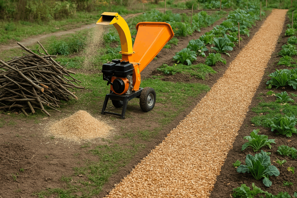 Schritt-für-Schritt-Szene: links gestapelter Baumschnitt, mittig Häcksler beim Arbeiten, rechts frisch angelegter Holzhackschnitzelweg durch den Gemüsegarten, leicht erhöhte Perspektive, helles Tageslicht; fotorealistisch; kein Text; 16:9; size:"1792x1024".