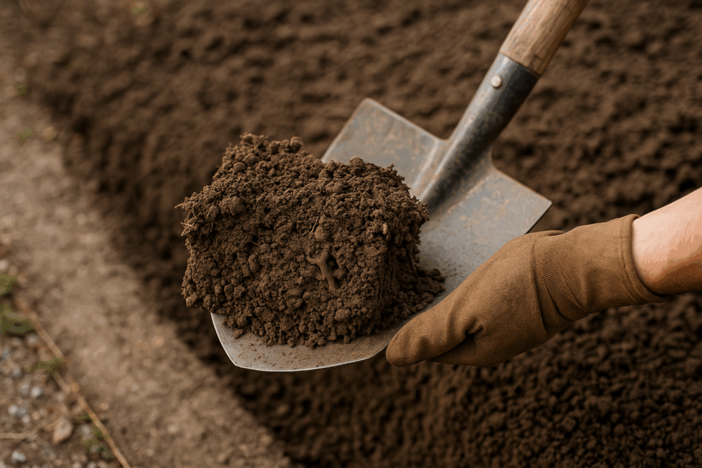 Spatendiagnose mit herausgehobener Erdscholle, sichtbare Wurmgänge und feine Krümelstruktur am Beetrand - Boden lockern