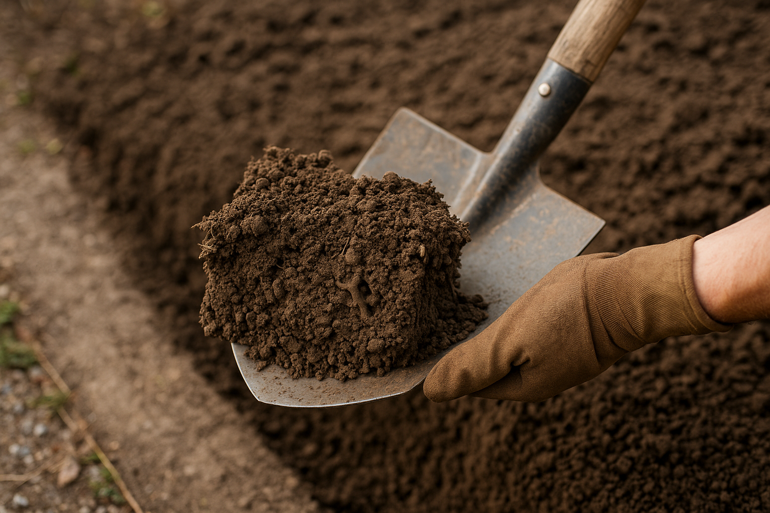 Spatendiagnose mit herausgehobener Erdscholle, sichtbare Wurmgänge und feine Krümelstruktur am Beetrand - Boden lockern
