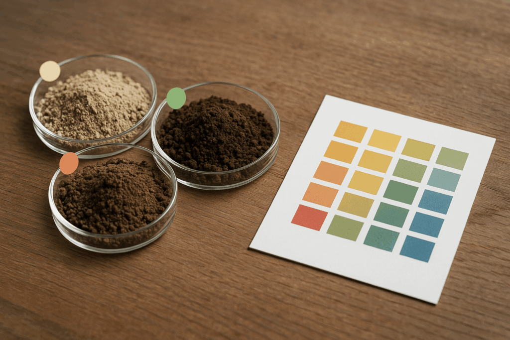 Mehrere beschriftete Erdproben verschiedener Bodenarten liegen neben einer gedruckten pH-Zieltabelle für Sand, Lehm und Ton - Boden pH-Test