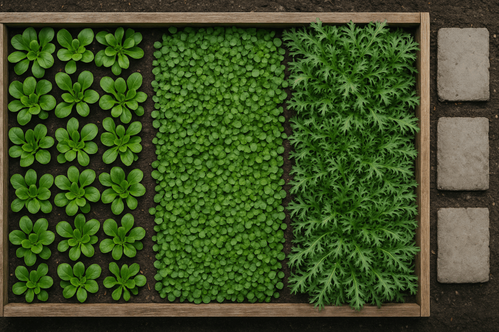 Hochbeet von oben mit drei Bereichen für Feldsalat, Postelein und Asia-Salat als Wintersalat-Mix