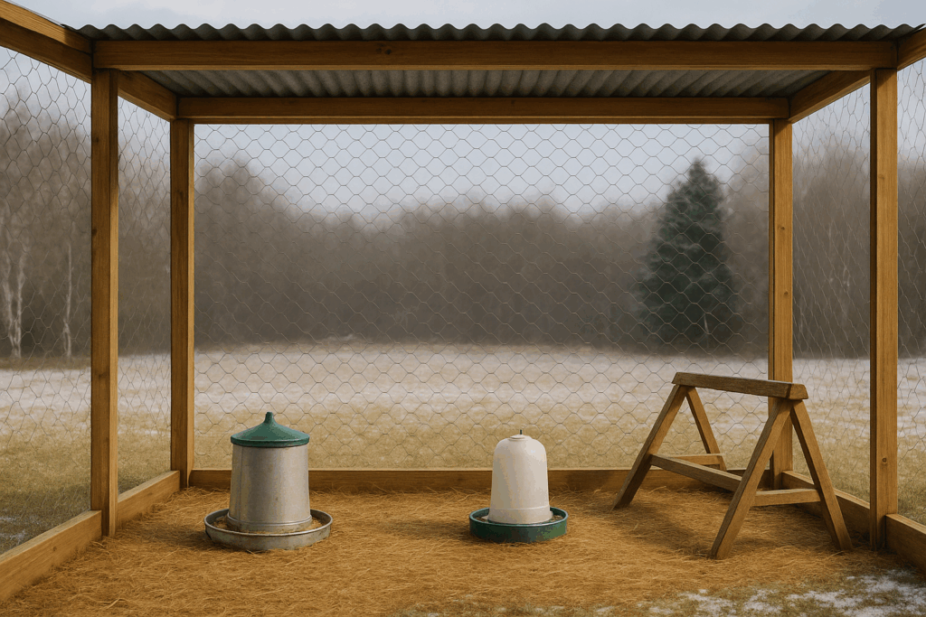 Abgesicherter Winterauslauf mit Netzabdeckung sowie abgedecktem Futter und Wasser - Hühnerhaltung im Winter