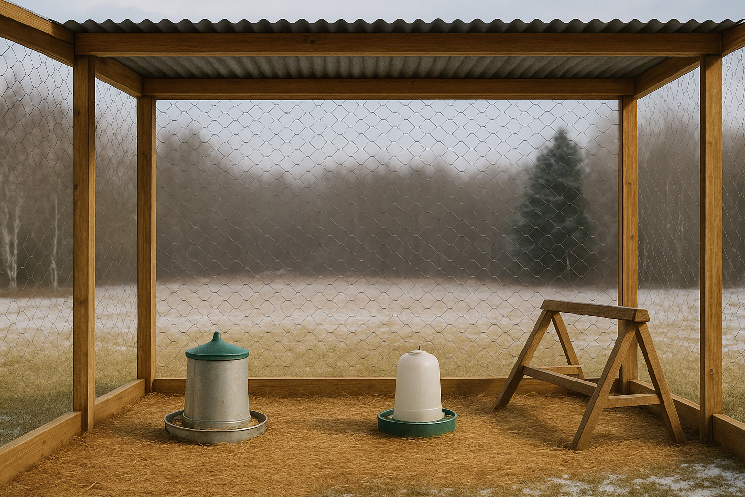 Abgesicherter Winterauslauf mit Netzabdeckung sowie abgedecktem Futter und Wasser - Hühnerhaltung im Winter