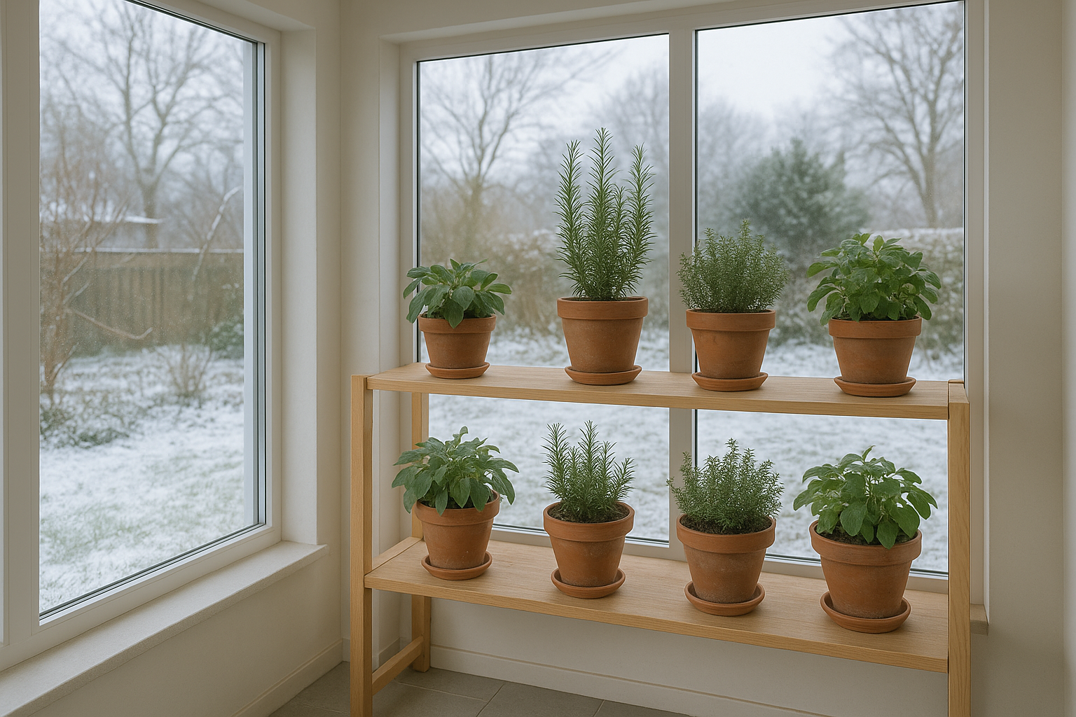 Kühler Wintergarten mit Rosmarin-, Thymian- und Salbeitöpfen auf einem Holzregal vor einem leicht verschneiten Garten - Kräuter
