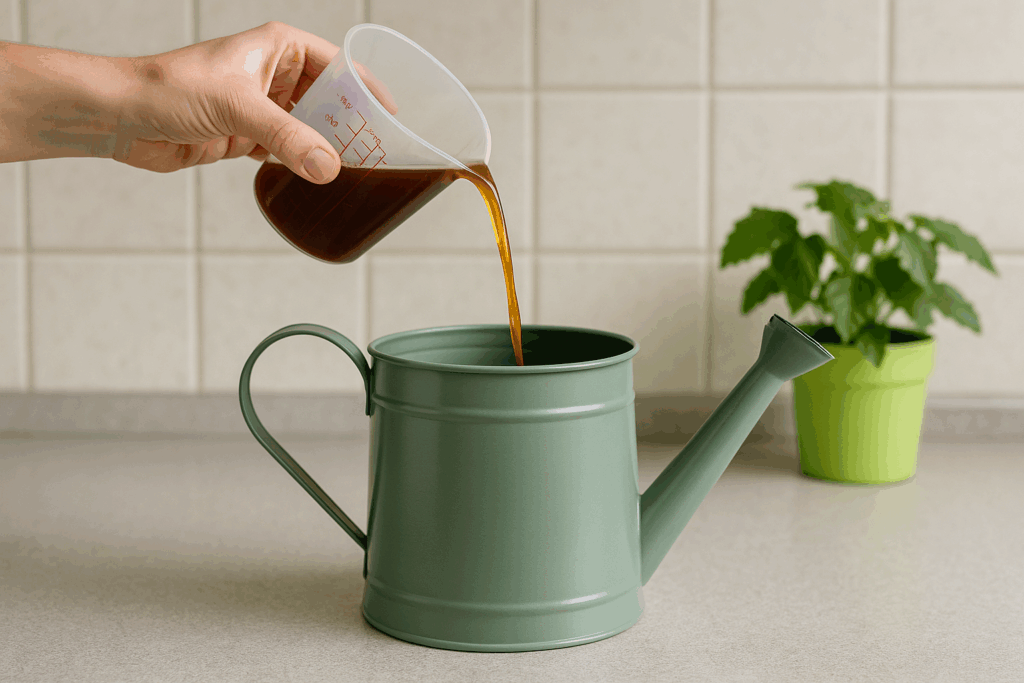 Wurmtee wird in der Küche in eine Gießkanne verdünnt eingefüllt