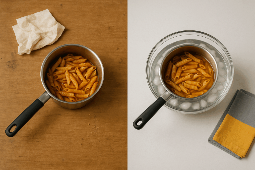 Vergleich von lauwarm stehenden Essensresten und demselben Topf, der korrekt in einem Eiswasserbad schnell heruntergekühlt wird