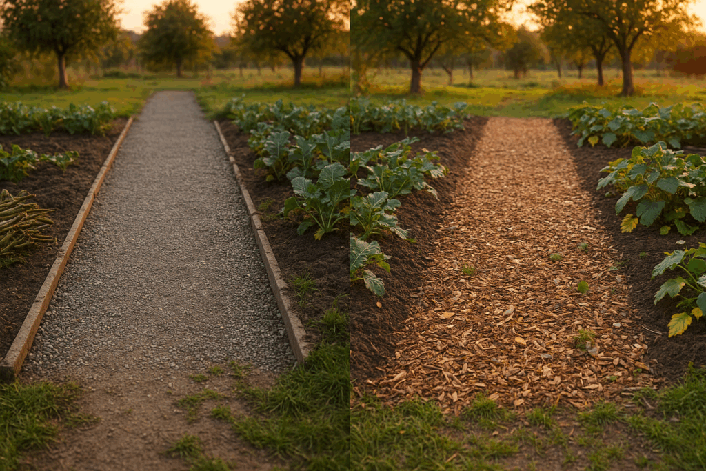 Kiesweg und Holzhackschnitzelweg im direkten Vergleich, zeigt optische und ökologische Unterschiede der Gartenwege - Wegmaterial